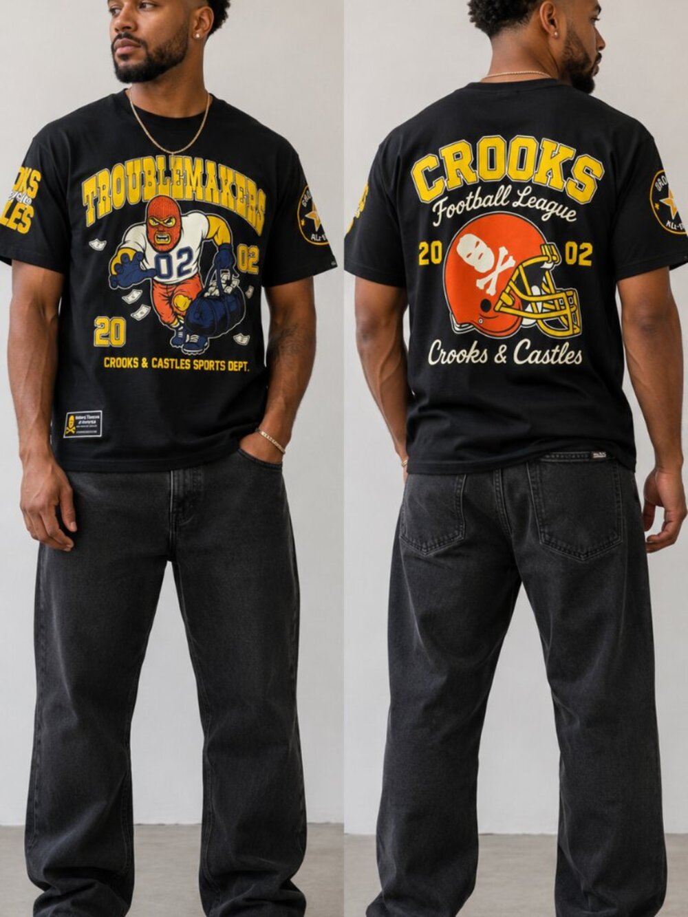Crooks & Castles Black Tee with Yellow and Blue 'Troublemakers' Graphic